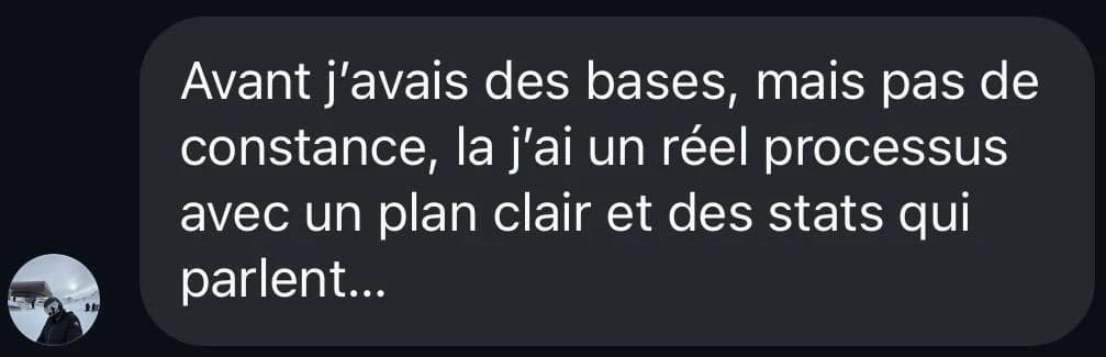 Message d'élève : Avant j'avais des bases, mais pas de constance, là j'ai un réel processus avec un plan clair et des stats qui parlent…